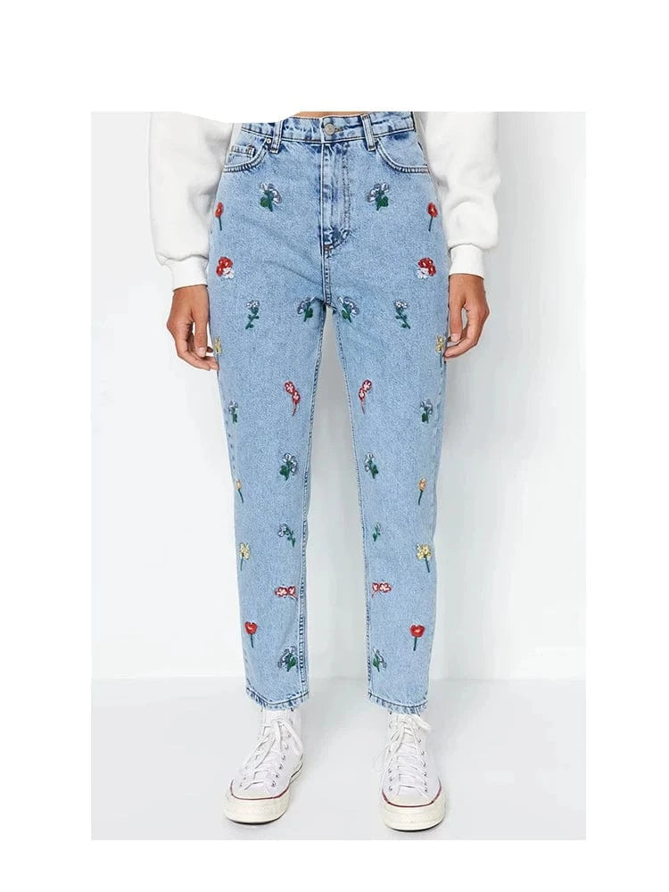 Teonclothingshop Trendy floral embroidery jeans for spring