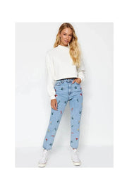 Teonclothingshop Trendy floral embroidery jeans for spring