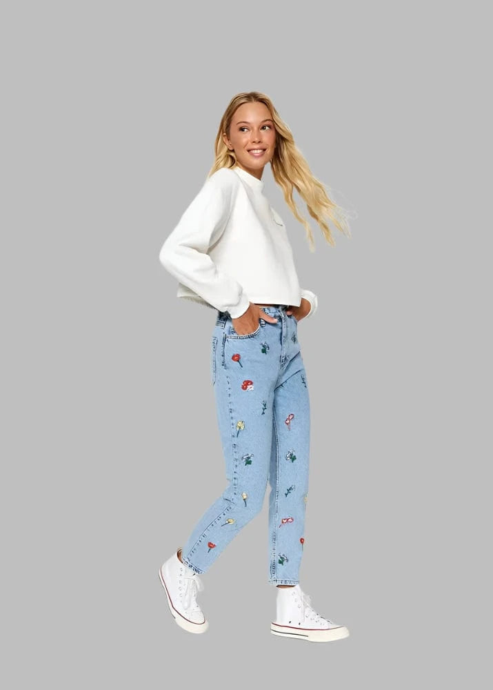 Teonclothingshop Trendy floral embroidery jeans for spring