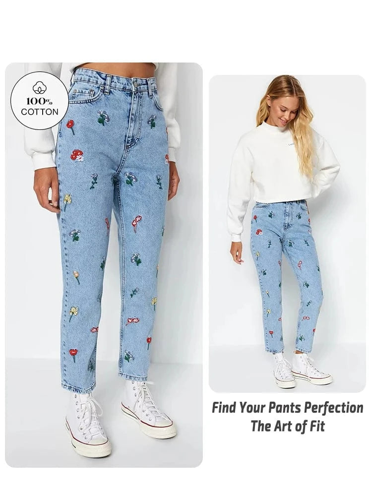 Teonclothingshop Trendy floral embroidery jeans for spring