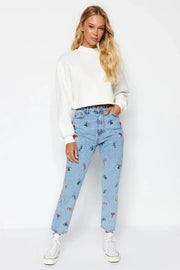 Teonclothingshop Trendy floral embroidery jeans for spring