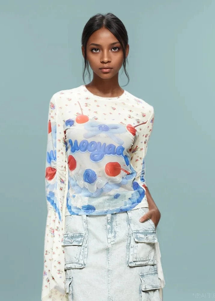 Teonclothingshop Trendy Sheer Fruit Print T-Shirt