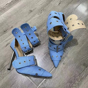 Teonclothingshop Trendy silver denim sandals, metal rivets