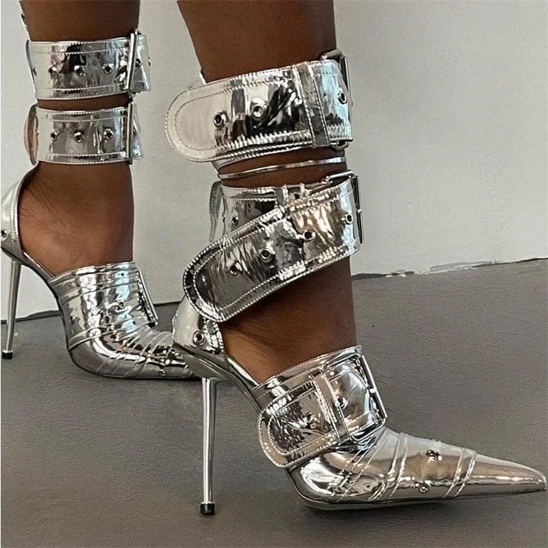 Teonclothingshop Trendy silver denim sandals, metal rivets