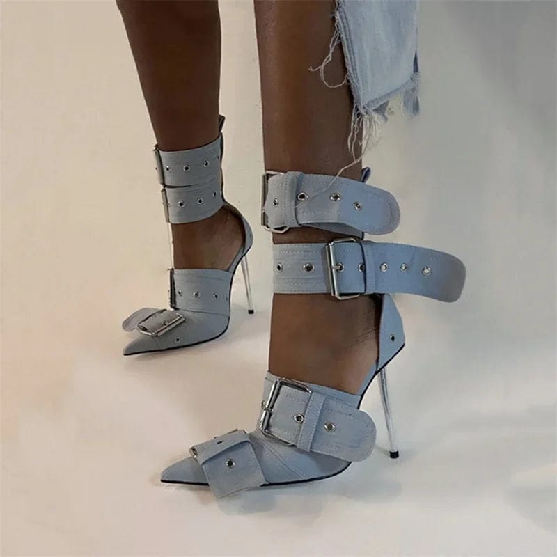 Teonclothingshop Trendy silver denim sandals, metal rivets