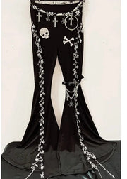 Black bell-bottom pants with skull and crossbones decorations on a white background