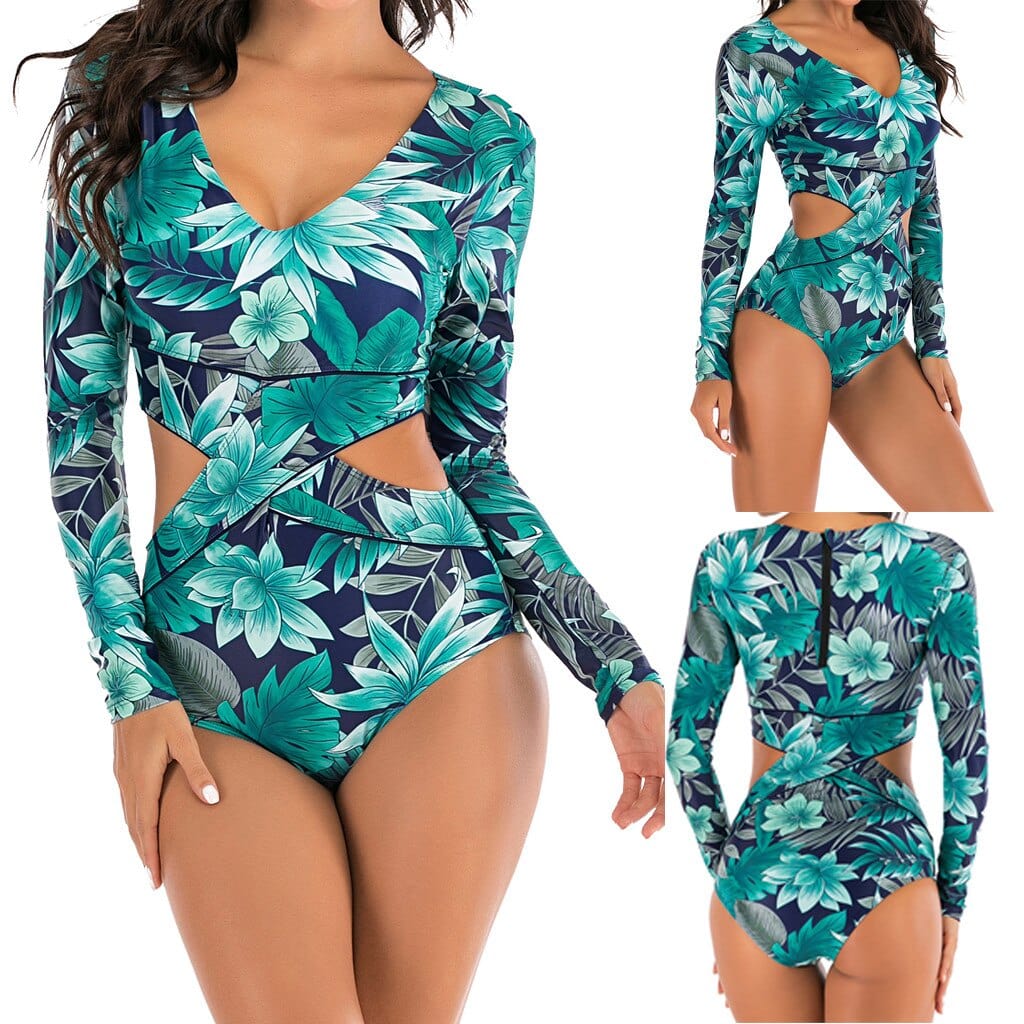 Teonclothingshop Tropical Leaf Print Surfing Suit Women's Swimwear