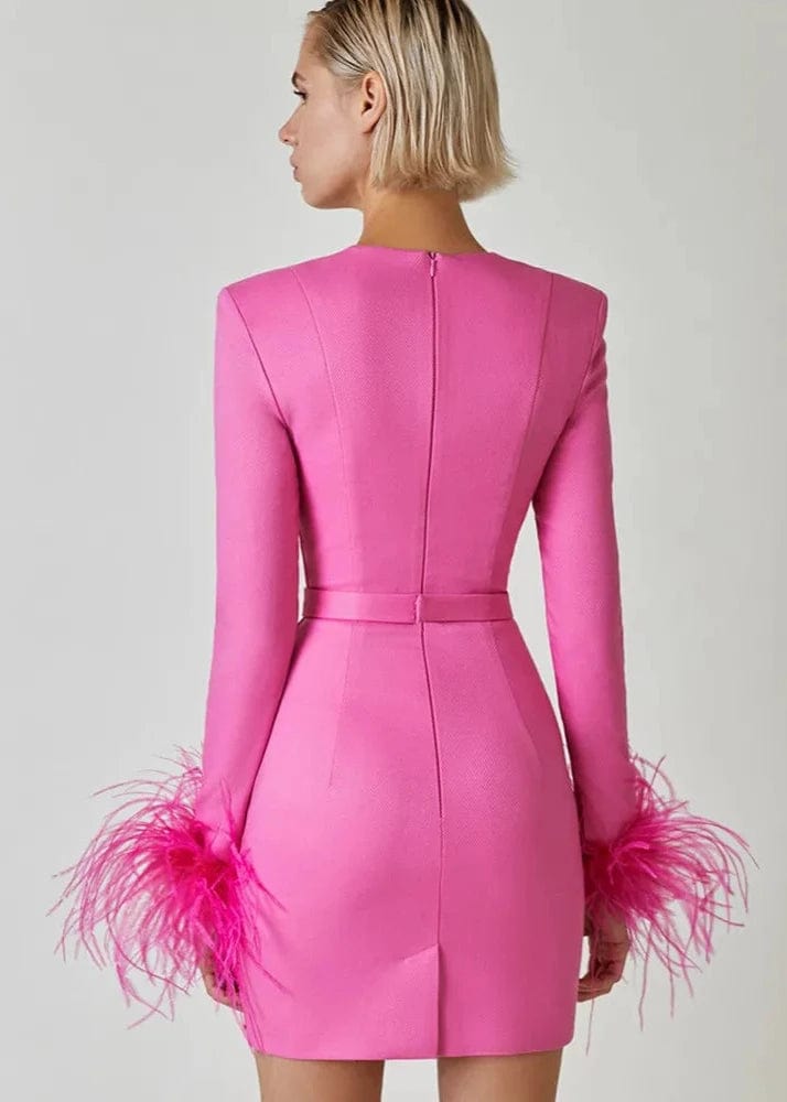 Teonclothingshop Turn Heads: Hot Pink Feather Mini Bandage Dress