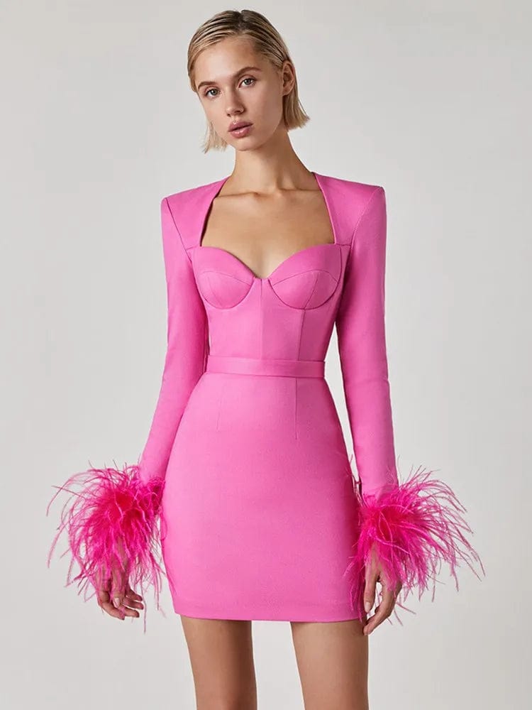 Teonclothingshop Turn Heads: Hot Pink Feather Mini Bandage Dress