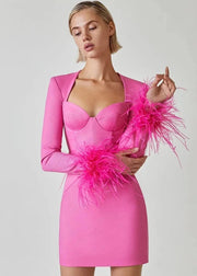 Teonclothingshop Turn Heads: Hot Pink Feather Mini Bandage Dress