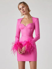 Teonclothingshop Turn Heads: Hot Pink Feather Mini Bandage Dress