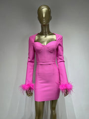 Teonclothingshop Turn Heads: Hot Pink Feather Mini Bandage Dress