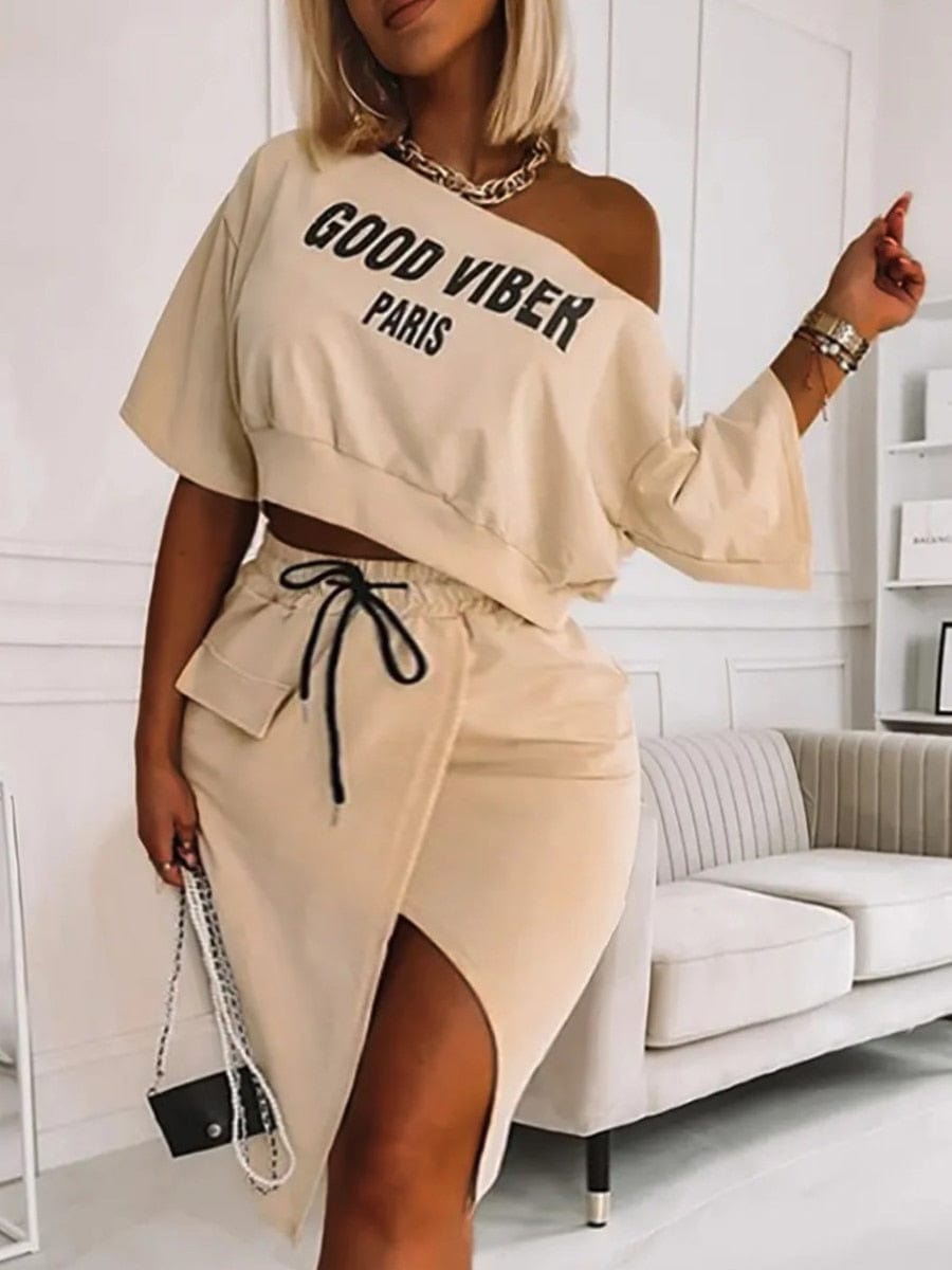 Teonclothingshop Two-piece Good Viber One-Shoulder Large Letter Print Crop Top + High Split Skirt