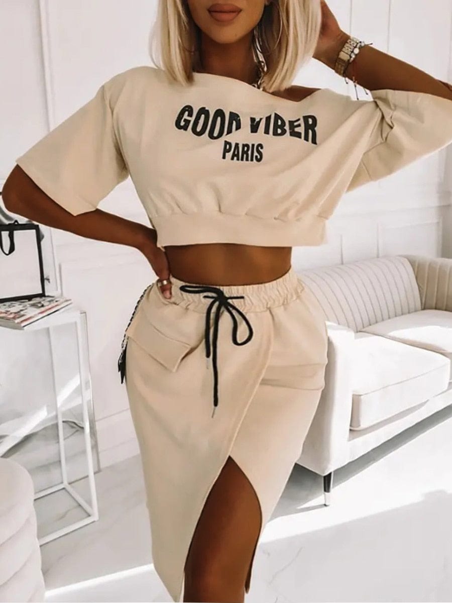 Teonclothingshop Two-piece Good Viber One-Shoulder Large Letter Print Crop Top + High Split Skirt