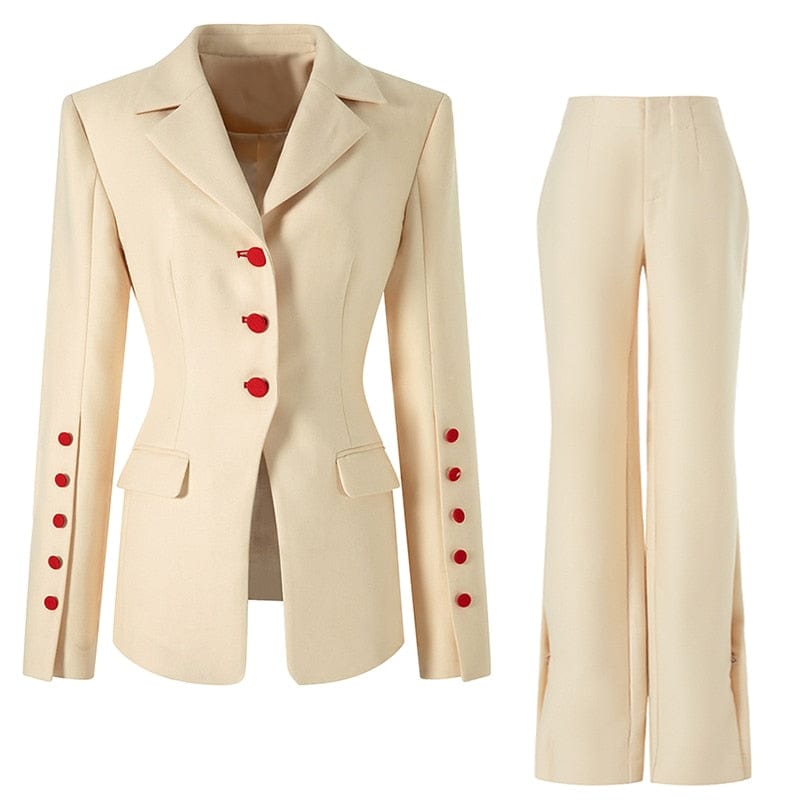 Teonclothingshop Two-piece sets blazer, pants beige. Women's Office Single Breasted Button Up Blazer