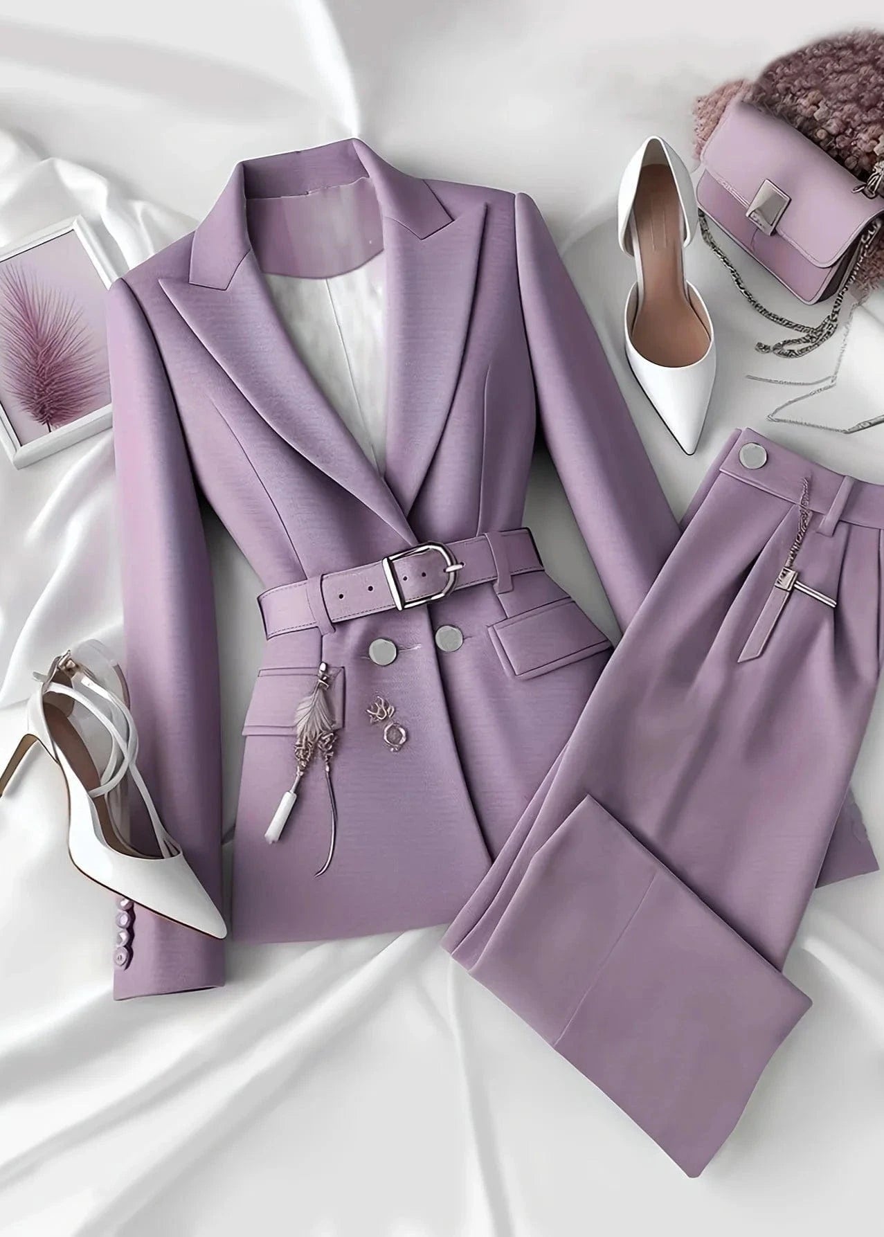 Purple suit with white shoes on a white background