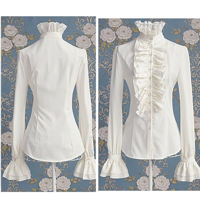 Teonclothingshop Victorian women's t-shirts with frills. One-color office shirt.