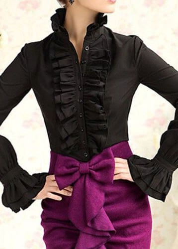 Teonclothingshop Victorian women's t-shirts with frills. One-color office shirt.