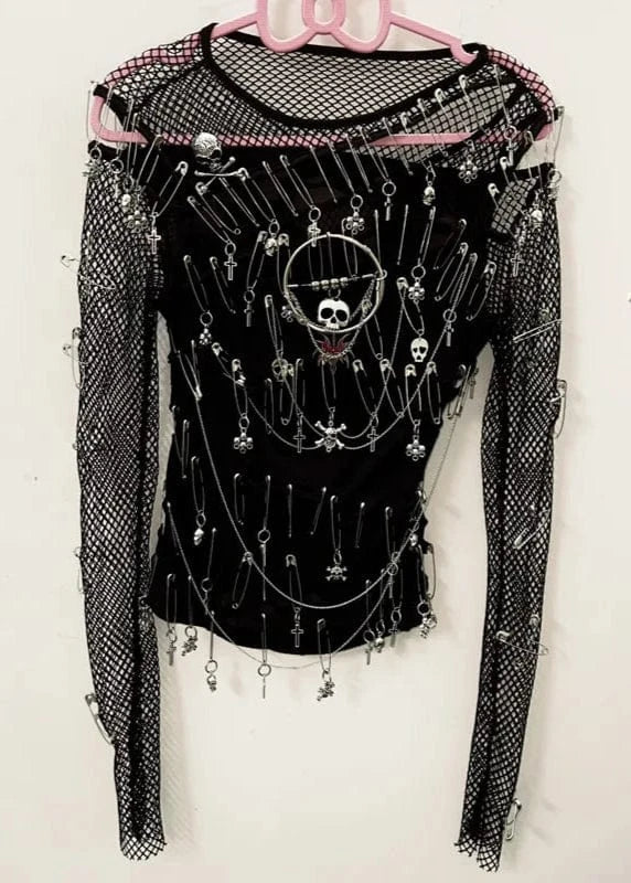 Black long-sleeve top with skull designs and mesh sleeves on a hanger against a white background