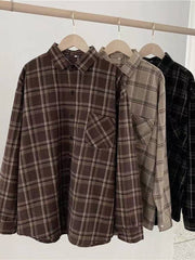 Teonclothingshop Vintage Women's Plaid Oversized Shirts, Fall Women's Shirts