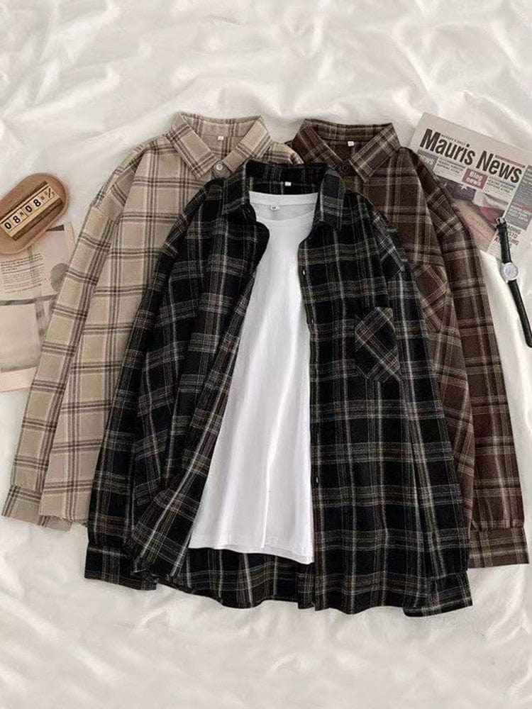 Teonclothingshop Vintage Women's Plaid Oversized Shirts, Fall Women's Shirts