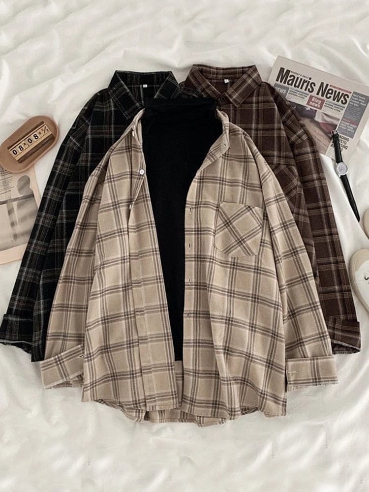 Teonclothingshop Vintage Women's Plaid Oversized Shirts, Fall Women's Shirts