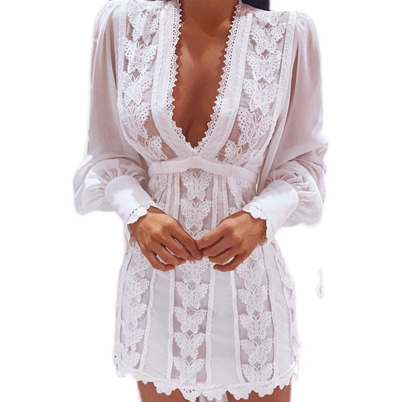 Teonclothingshop White Elegant Dresses V Neck Lace Dress Long Puff Sleeve Butterfly Dress For Women