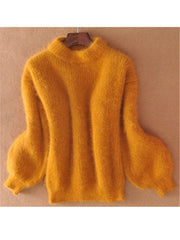 Teonclothingshop White Mohair Turtleneck Sweater Autumn Winter Cute Fashion Lantern Sleeves Casual Solid Color Pullover