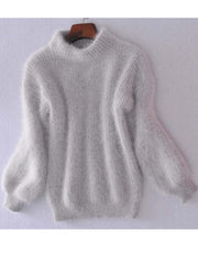 Teonclothingshop White Mohair Turtleneck Sweater Autumn Winter Cute Fashion Lantern Sleeves Casual Solid Color Pullover