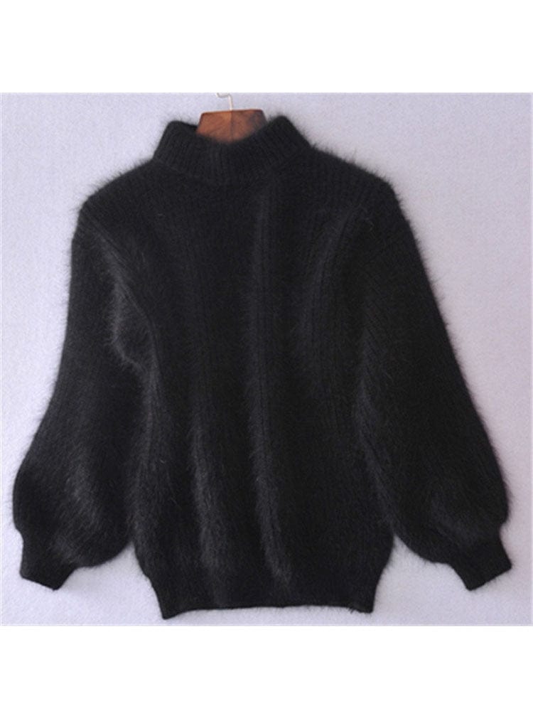 Teonclothingshop White Mohair Turtleneck Sweater Autumn Winter Cute Fashion Lantern Sleeves Casual Solid Color Pullover