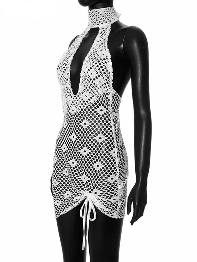 Teonclothingshop White sleeveless halter summer mini dress