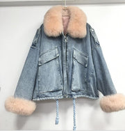 Teonclothingshop Winter fashion warm denim Fur coat + denim