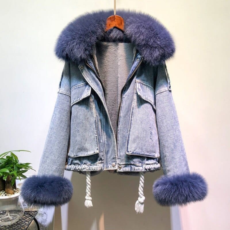 Teonclothingshop Winter fashion warm denim Fur coat + denim