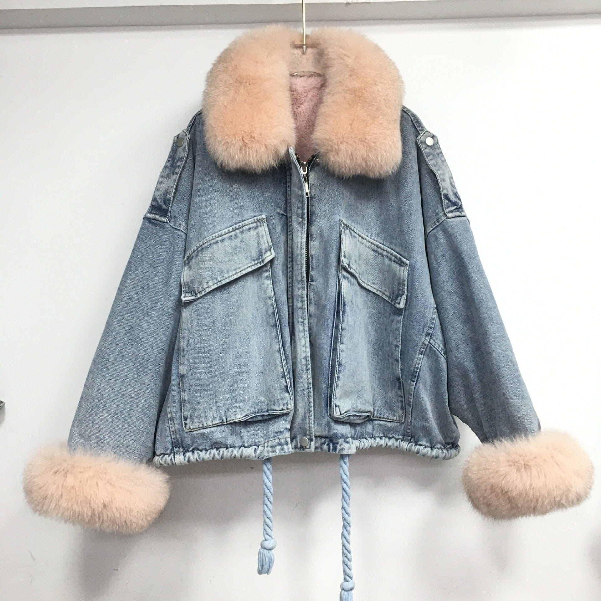 Teonclothingshop Winter fashion warm denim Fur coat + denim