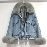 Teonclothingshop Winter fashion warm denim Fur coat + denim