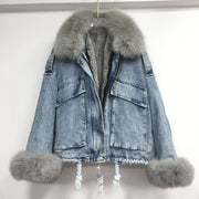 Teonclothingshop Winter fashion warm denim Fur coat + denim