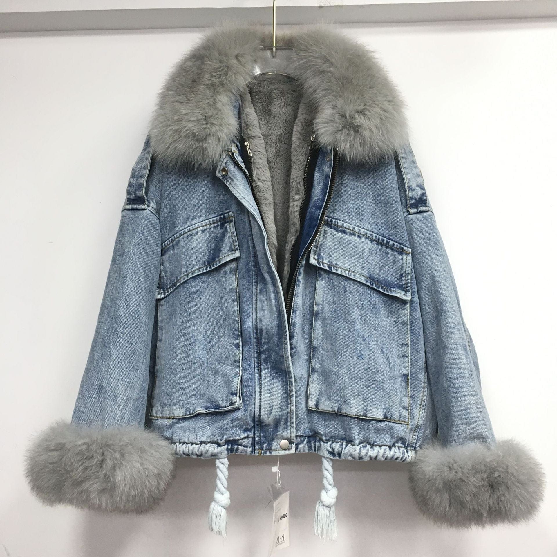 Teonclothingshop Winter fashion warm denim Fur coat + denim