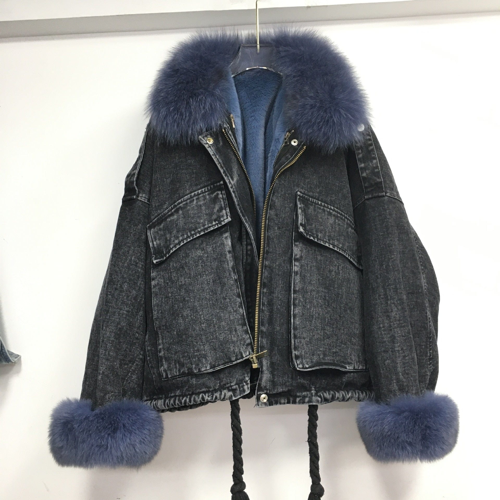 Teonclothingshop Winter fashion warm denim Fur coat + denim