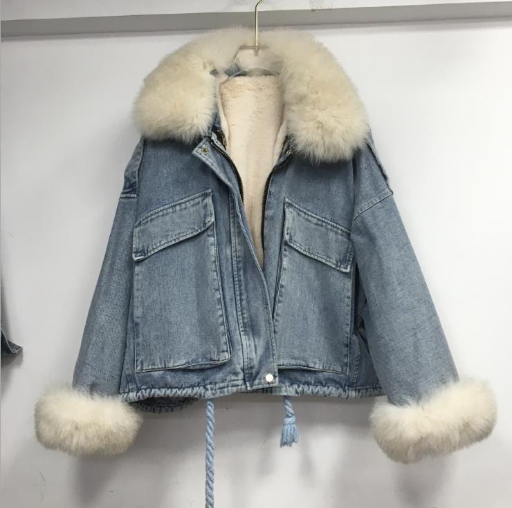 Teonclothingshop Winter fashion warm denim Fur coat + denim