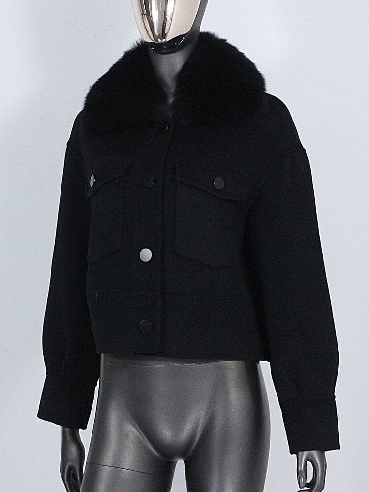 Teonclothingshop black / S Winter jacket made of wool blend Women's fur coat made of natural fur