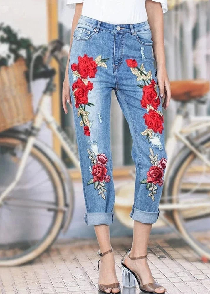 Women Flowers Embroidery Denim Trousers