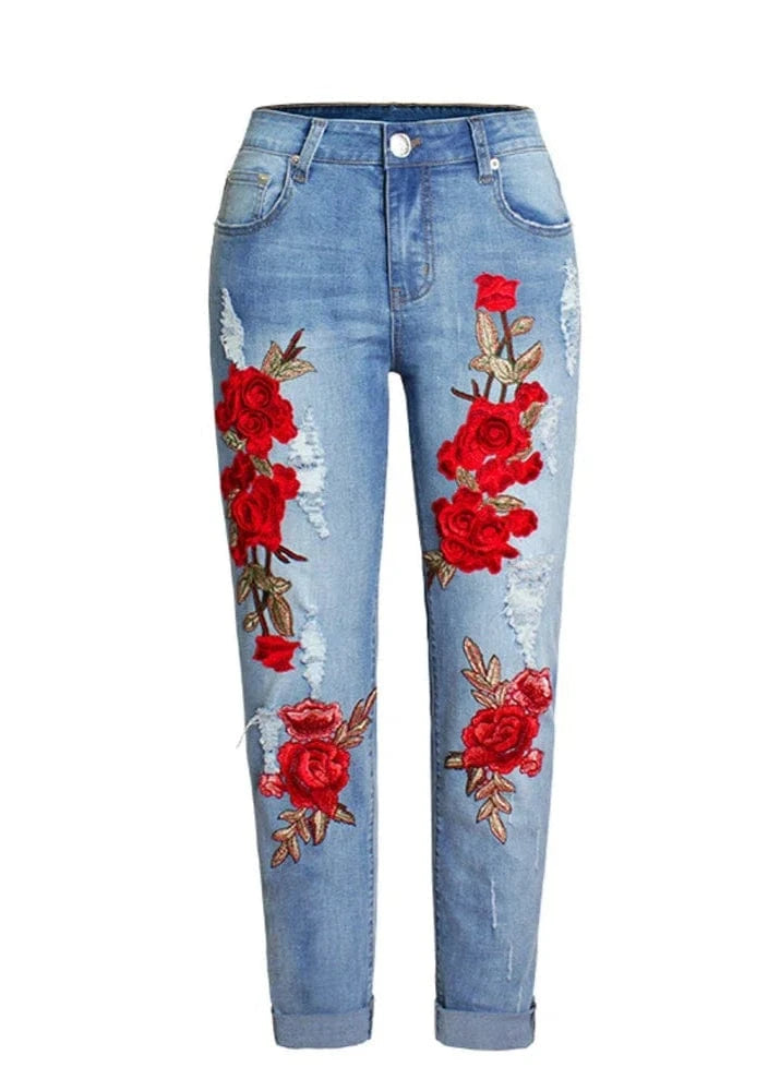 Women Flowers Embroidery Denim Trousers