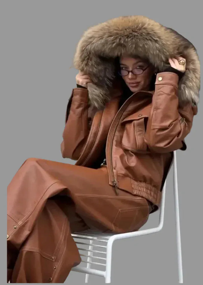Person wearing a brown leather outfit with a fur-lined hood sitting on a chair.