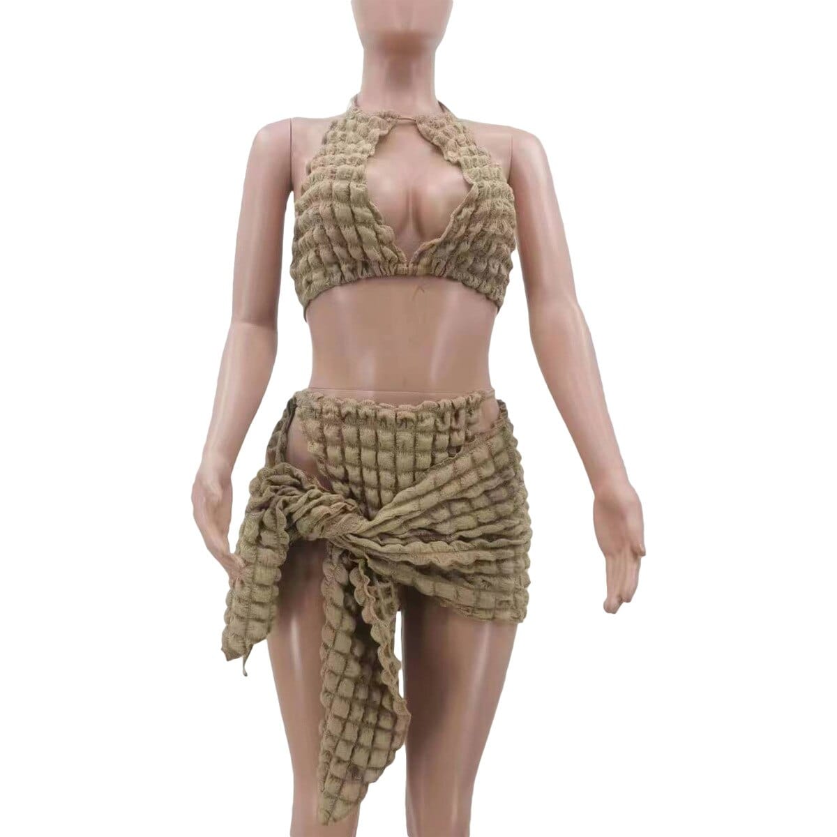 Teonclothingshop khaki / S / United States Women's 3-piece swimwear set bikini bra + pants + skirt