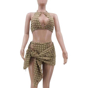 Teonclothingshop khaki / S / United States Women's 3-piece swimwear set bikini bra + pants + skirt