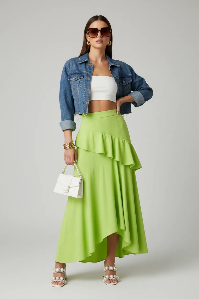 Woman wearing a denim jacket and bright green skirt standing in front of a building at night.