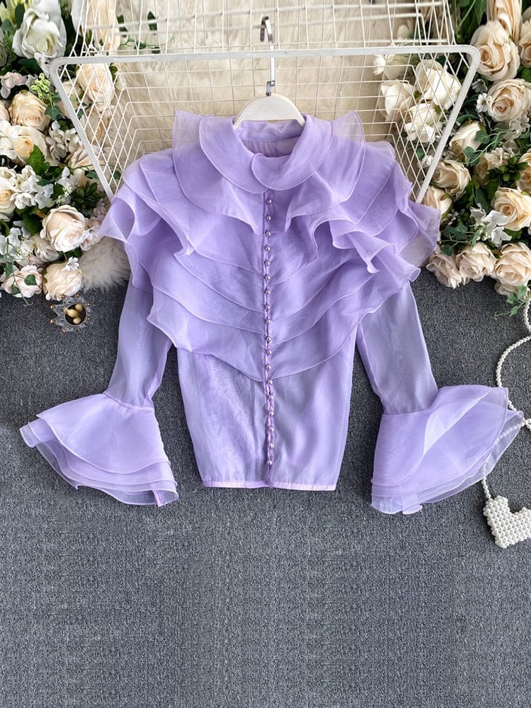 Teonclothingshop Women's Autumn Shirt, Layered Ruffle Blouse, O-Neck Buttons, Slim Fit, Wide Sleeve T-Shirt