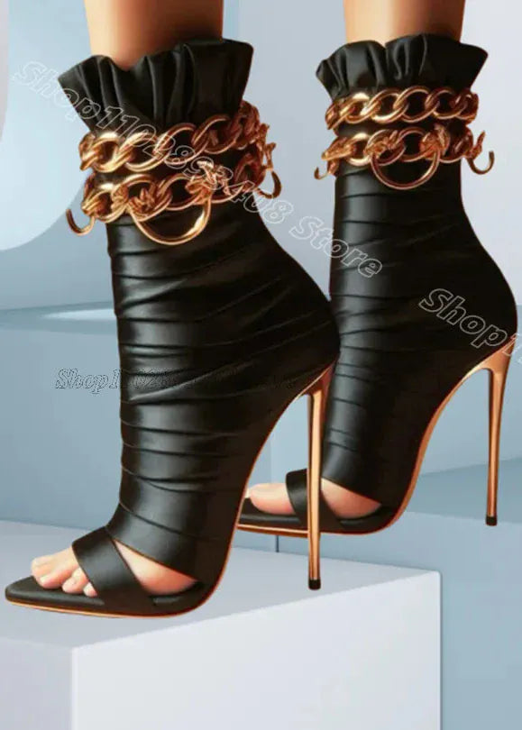 Women's Black Chain Sandal Boots | Pleated Stiletto Open Toe