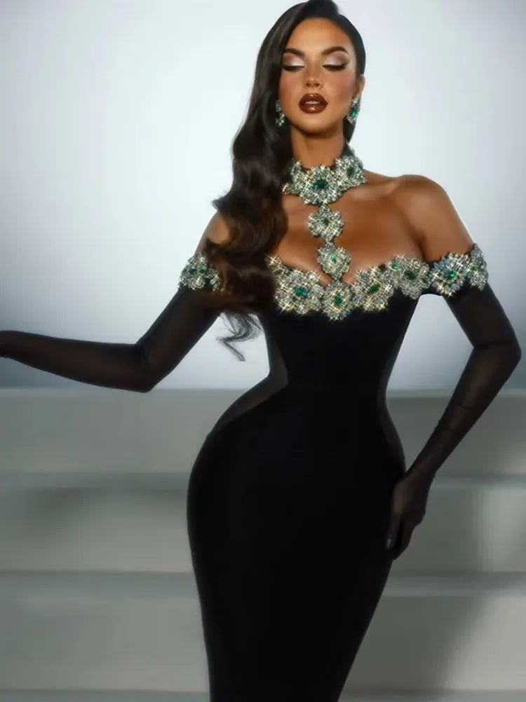 Women's Black Crystal Diamond Bandage Maxi Bodycon Evening Dress