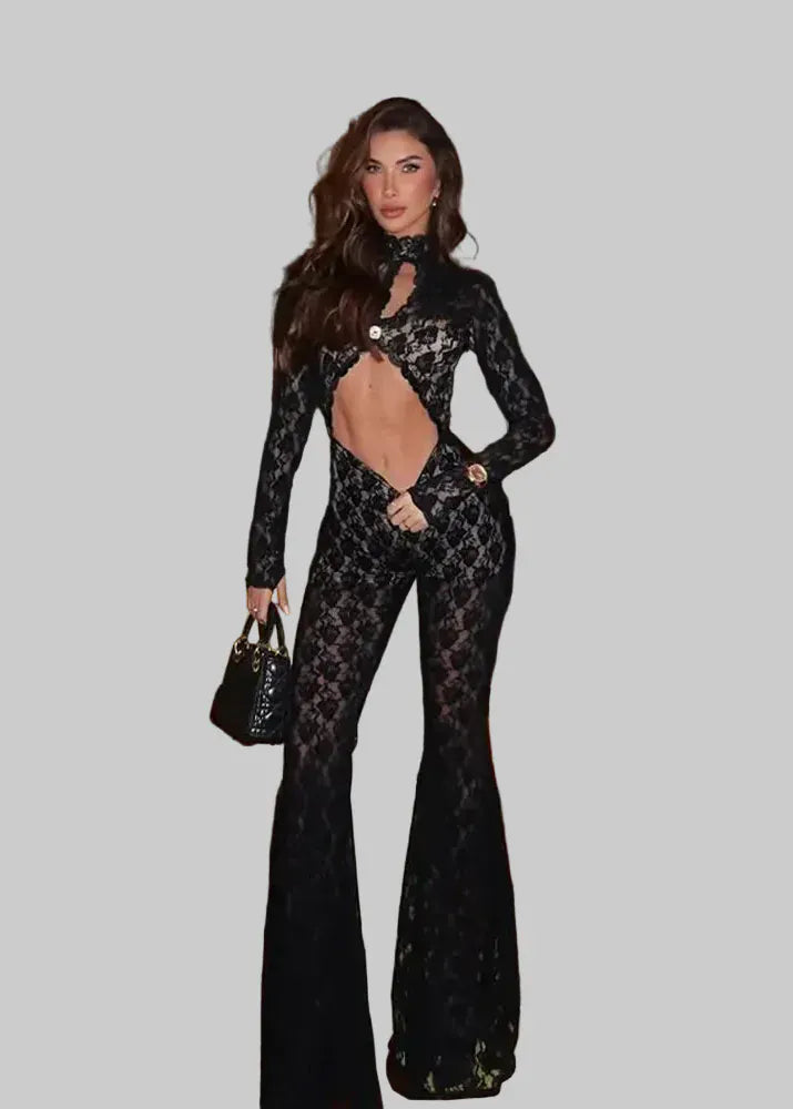 Women's Black Lace See-Through Jumpsuit